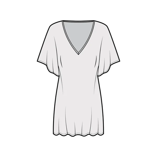 Кафтан платье техническая мода иллюстрация с V-образный вырез, локтевой рукав, выше колена длиной, негабаритные — стоковый вектор