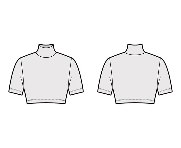 Jersey de cuello alto recortado suéter ilustración técnica de moda con mangas cortas, forma ajustada. Plano — Vector de stock