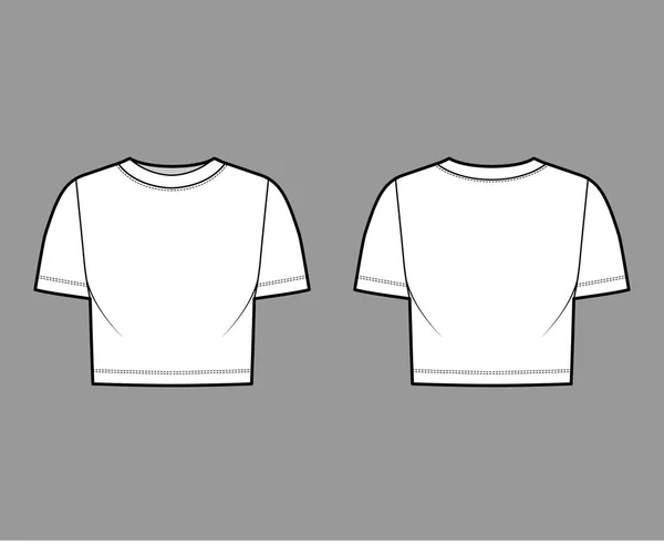 Обрізана бавовняна футболка технічна модна ілюстрація з шиєю лопатки, короткими рукавами, розслабтеся. Плоский одяг — стоковий вектор
