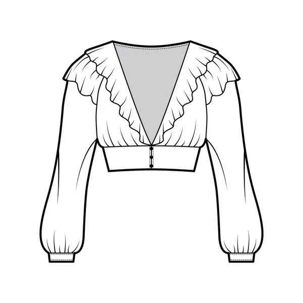 Roes bijgesneden blouse technische mode illustratie met lange bisschop mouwen, opgeblazen schouders voorste knoop bevestigingen — Stockvector
