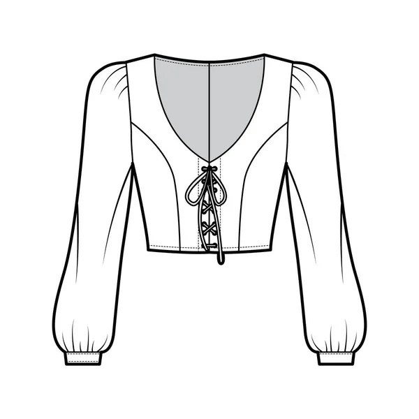 Cortado lace-up top ilustração de moda técnica com mangas bispo longo, ombros inchados, corpo equipado. Camisa plana — Vetor de Stock