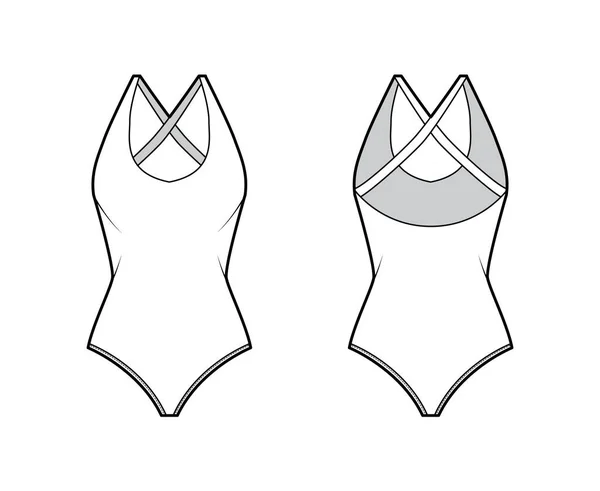 Stretch-Body technische Mode-Illustration mit tiefem U-Ausschnitt, schlanken, kreuz und quer verlaufenden Trägern am einteiligen Rücken — Stockvektor