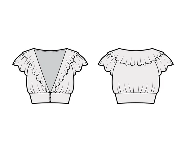 Ruffled blusa recortada ilustração de moda técnica com mangas de vibração curtas, fechos de botão frontal, corpo equipado —  Vetores de Stock