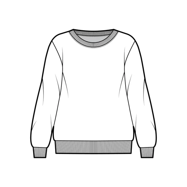 Überdimensionales Baumwolle-Frottee Sweatshirt technische Mode Illustration mit Rundhalsausschnitt, langen Ärmeln, Rippstrickbündchen — Stockvektor