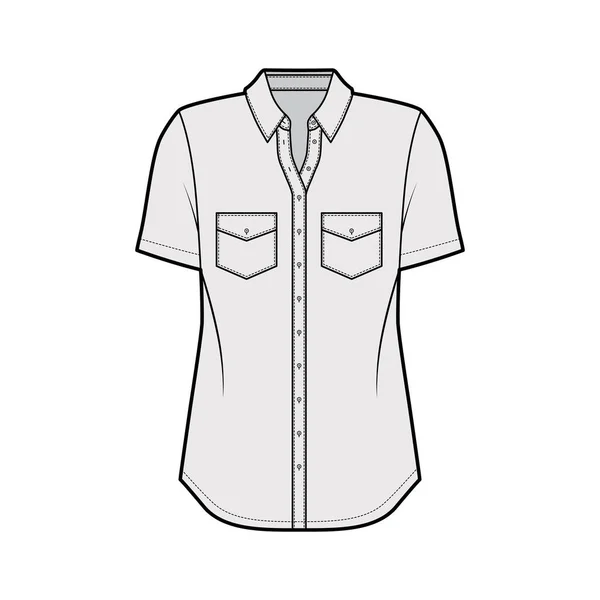 Ilustración de moda técnica de camisa clásica con bolsillos en ángulo, mangas cortas, ajuste relajante, cierre de botón delantero — Vector de stock