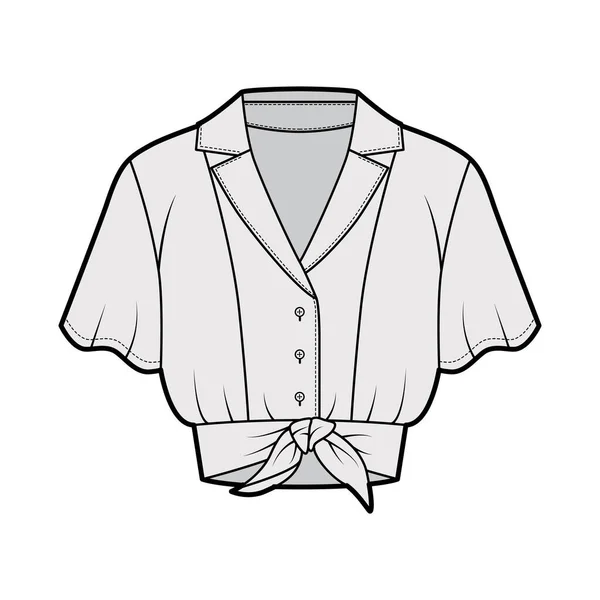 Ilustración técnica de la manera de la camisa recortada del lazo-frente con el cuello del campo, manga corta del círculo, sujeciones del botón delantero — Vector de stock