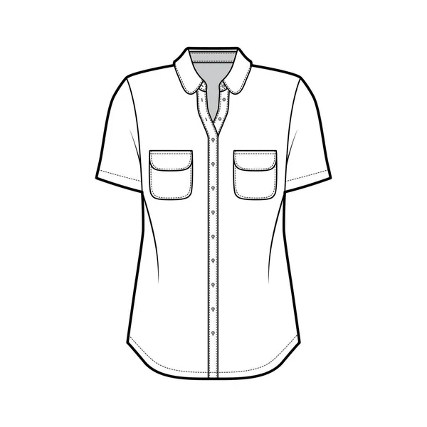 Klassisk skjorta teknisk mode illustration med rundade fickor och krage, korta ärmar, främre knapp-fastsättning — Stock vektor