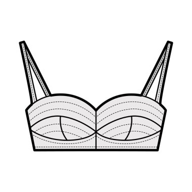 Büstiyerin en üst düzey teknik tasviri, kırpılmış uzunluğu, kupaları ve kesme önü, kayışları. Düz sutyen mayo. 
