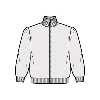 Fermuarlı balıkçı yaka, pamuk-terry kazak kabarık omuzlu, dirsek kollu teknik moda illüstrasyon.