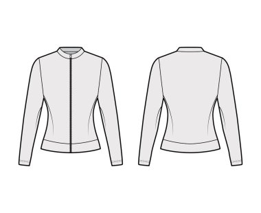 Fermuarlı pamuk-formalı sweatshirt, rahat formalı, yakalı, uzun kollu, teknik moda illüstrasyonu. 