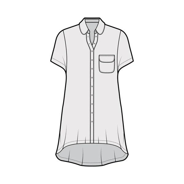 超大号衬衫连衣裙技术时尚插图，圆形口袋和领子，短袖，高低折边 — 图库矢量图片