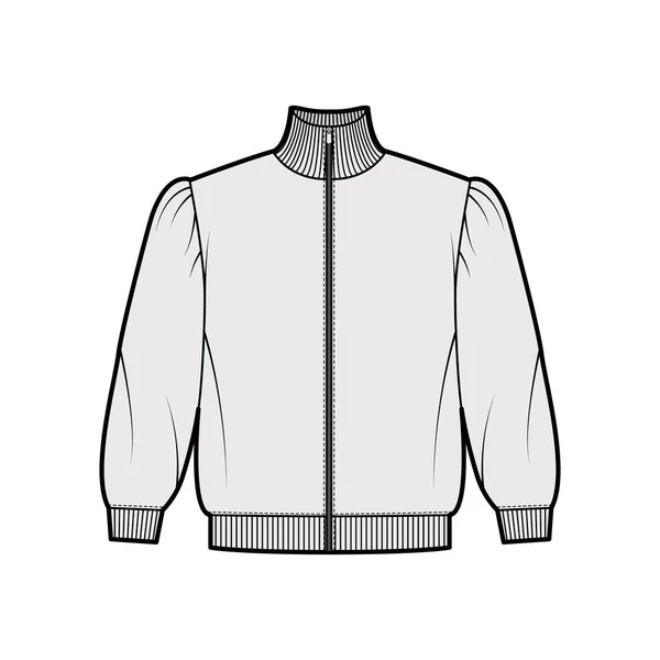 Zip-up turtleneck Cropped cotton-terry sweatshirt技术时尚图例，双肩膨松，袖子肘弯. — 图库矢量图片