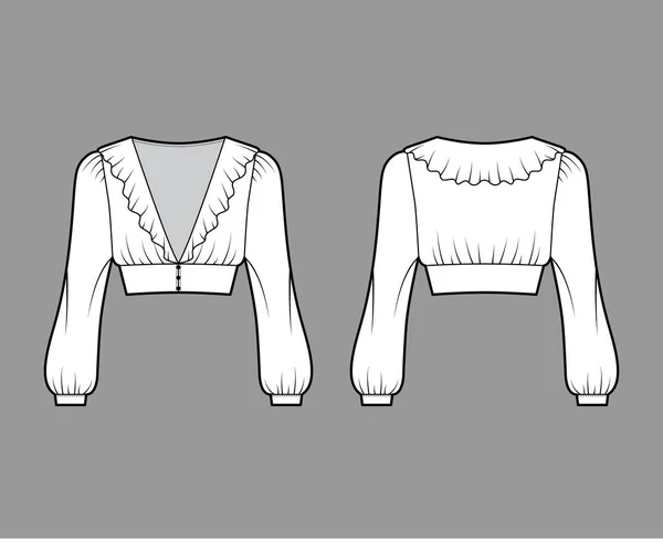 Ruffled blusa recortada técnica moda ilustração com mangas bispo longo, ombros inchados botões de fixação frontal —  Vetores de Stock