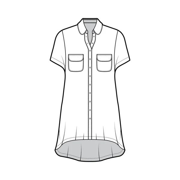 Vestido de camisa sobredimensionado ilustración técnica de moda con bolsillos redondeados y cuello, mangas cortas, dobladillo alto-bajo — Vector de stock