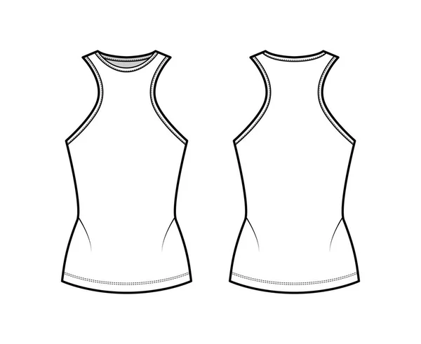 Cotton-jersey tank technische mode illustratie met racer-back bandjes, slim fit, langwerpige zoom, ronde hals. Vlak — Stockvector