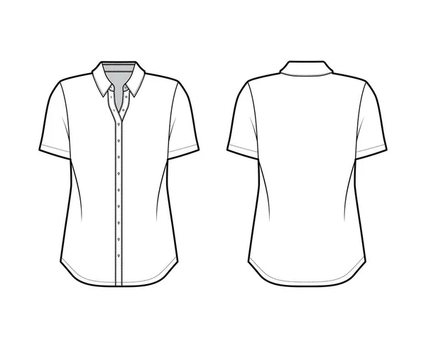 Ilustración de moda técnica de camisa clásica con mangas cortas, ajuste relajado, cierre de botón delantero, cuello regular. Plano — Vector de stock
