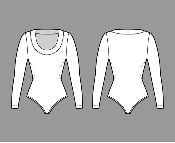 Bodysuit ilustração de moda técnica com decote escavado, mangas compridas, cuecas de cobertura média roupa de uma peça —  Vetores de Stock