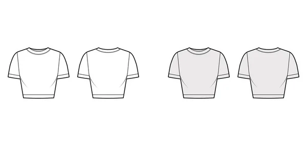 Beskuren bomull-jersey t-shirt teknisk mode illustration med scoop hals, korta ärmar, nära passform. Platta kläder — Stock vektor