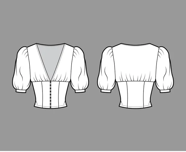 Обрізана верхня технічна ілюстрація моди з короткими рукавами, пухкими плечима, кріпленнями спереду, встановленим тілом . — стоковий вектор
