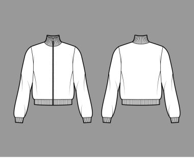 Uzun kollu fermuarlı eşofman üstü, pamuk-formalı, günlük formalı, kurdeleli düz kazaklı teknik moda çizimi.