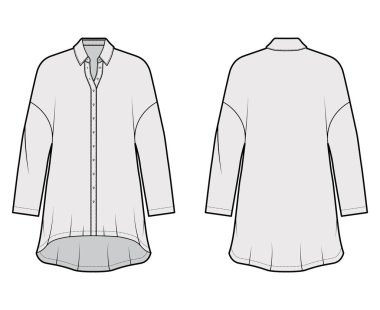 Uzun kollu, normal yakalı, düşük omuzlu, yüksek kenarlı, geniş tişörtlü, teknik tasvirler.