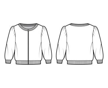 Fermuarla kesilmiş pamuk-Terry sweatshirt kepçe yakalı, kabarık omuzlu, dirsek kollu teknik tasvirler.