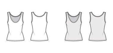 Cotton-jersey tank teknik moda illüstrasyonları, uygun vücut, derin kepçe boyun, uzun etek. Düz giysi.
