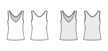 Cotton-jersey tank teknik tasviri, büyük beden, V yaka, uzun etek. Düz giysi. 