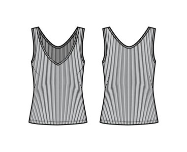 Tırtıklı, geniş gövdeli, V yakalı, uzun kenarlı, geniş kenarlı bir tank teknik tasviri. Düz üste 