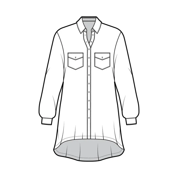 Oversized shirt dress technical fashion illustration with angled pockets, long sleeves, regular collar, high-low hem. — Stock Vector