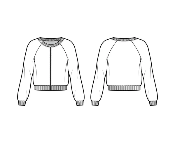 Zip-up pamut-fry pulóver technikai divat illusztráció kanál nyakkivágás, hosszú raglan hüvely, bordázott szegélyek — Stock Vector