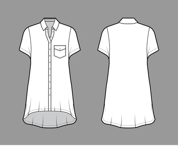 Oversized shirt dress technical fashion illustration with angled pocket, short sleeves, regular collar, high-low hem. — Stock Vector