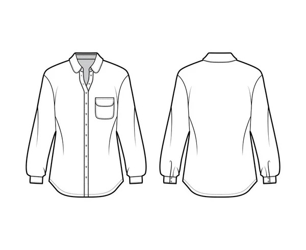 Camisa clásica ilustración técnica de moda con bolsillo redondeado y cuello, mangas largas, cierre de botón delantero — Vector de stock