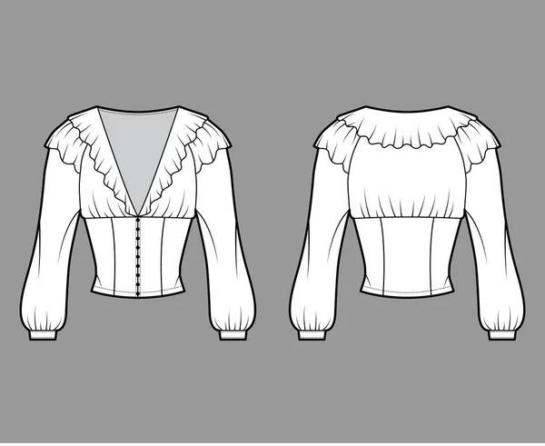 Ruffled blusa recortada técnica moda ilustração com mangas bispo longo, ombros inchados botões de fixação frontal — Vetor de Stock
