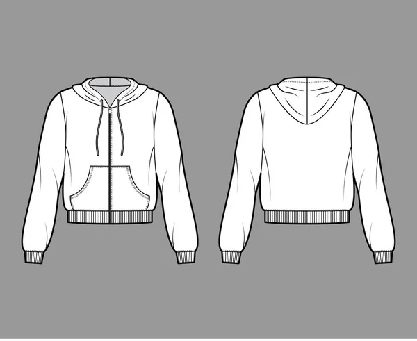 Zip-up bomull-fleece hoodie teknisk mode illustration med avslappnad passform, långa ärmar, ribbade band, framficka. — Stock vektor