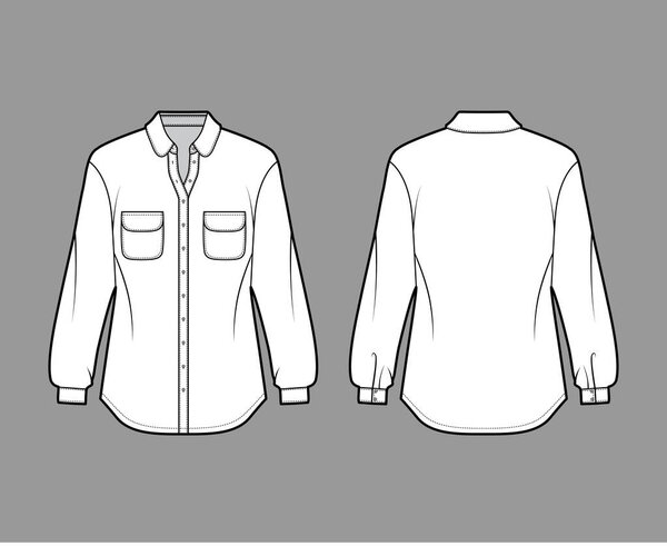 Техническая иллюстрация классической рубашки с закругленными карманами и воротником, длинные рукава, передняя кнопка крепления
