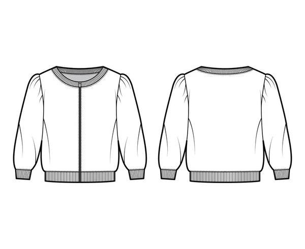 Zip-up cortado algodão-terry sweatshirt técnica ilustração de moda com decote colher, ombros inchados manga de cotovelo — Vetor de Stock