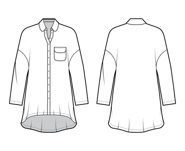 Oversized skjorta klänning teknisk mode illustration med rundad ficka och krage, långa ärmar, tappade axlar — Stock vektor