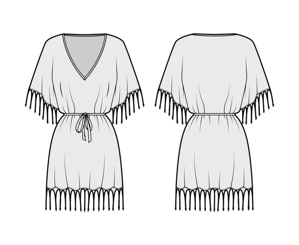 Fringed kaftan φόρεμα τεχνική απεικόνιση μόδας με V-λαιμό, batwing μανίκια αγκώνα, πάνω από το γόνατο μήκος, υπερμεγέθης — Διανυσματικό Αρχείο