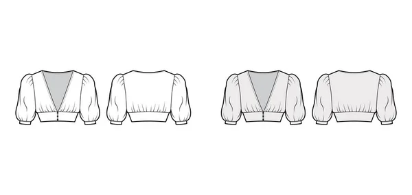 Cropped top technische mode illustratie met korte mouwen, opgeblazen schouders, front knop bevestigingen, gemonteerd lichaam. — Stockvector