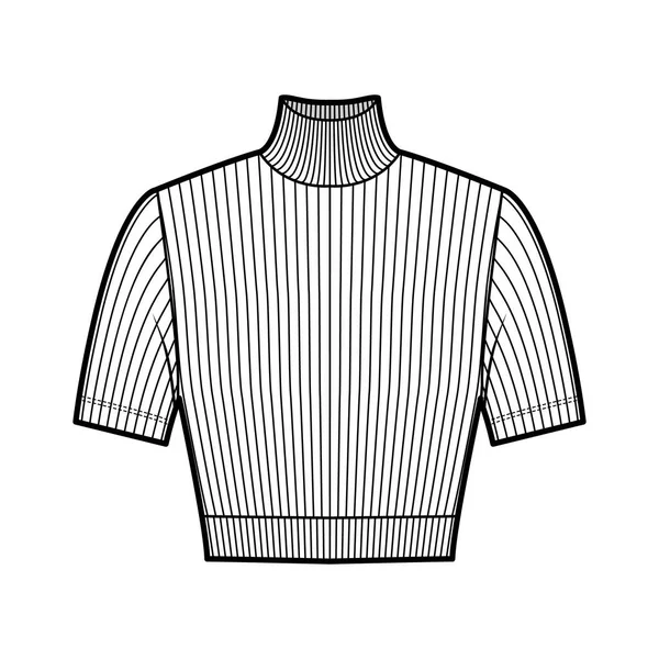 Sudadera de punto acanalado cuello alto recortado ilustración técnica de moda con mangas cortas, forma ajustada. — Vector de stock