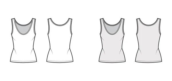 Camiseta de algodón tanque ilustración técnica de moda con cuerpo ajustado, cuello redondo profundo, dobladillo alargado. Ropa de outwear plana — Vector de stock