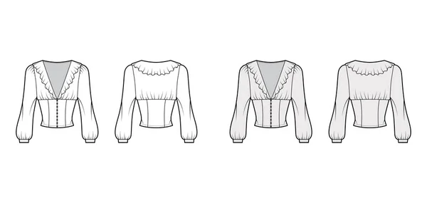 Ruffled cropped blouse technical fashion illustration with long bishop sleeves, puffed shoulders front button fastenings — Stock Vector