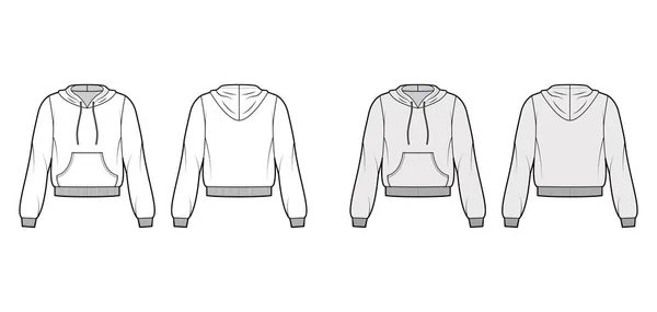 Cotton-fleece hoodie τεχνική επίδειξη μόδας με χαλαρή εφαρμογή, μακριά μανίκια, ραβδωτά διακοσμητικά, μπροστά πουλόβερ τσέπη — Διανυσματικό Αρχείο