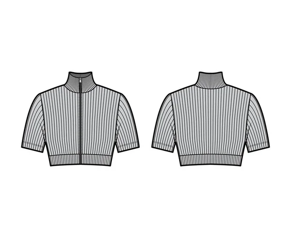 Zip-up обрізаний черепашковий ребристий светр технічної моди ілюстрація з короткими рукавами, крупним планом форма . — стоковий вектор
