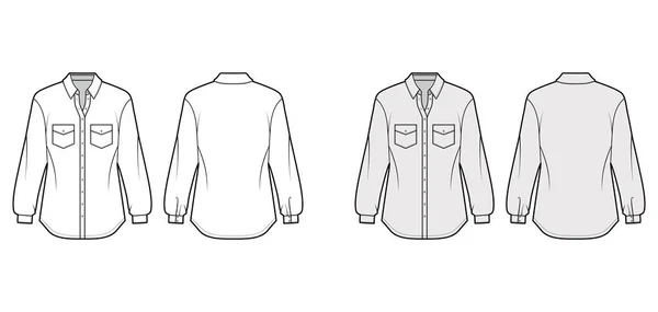 Ilustración de moda técnica de camisa clásica con bolsillos en ángulo, mangas largas, ajuste relajante, cierre de botón delantero — Vector de stock