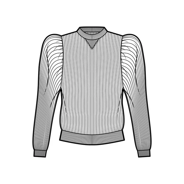 Sudadera acanalada de algodón y jersey ilustración técnica de moda con mangas largas hinchadas reunidas, jersey de ajuste relajado — Vector de stock