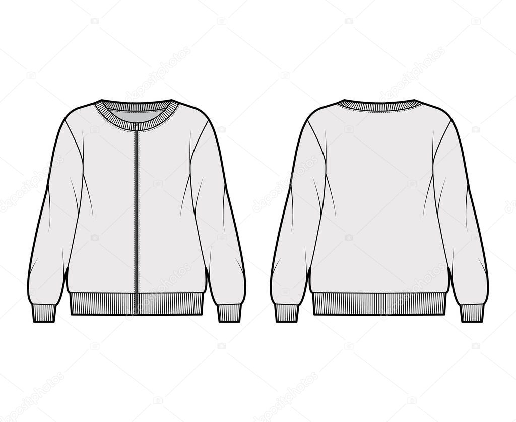 Zip-up oversized cotton-terry sweatshirt technical fashion illustration with scoop neckline, long sleeves, ribbed trims