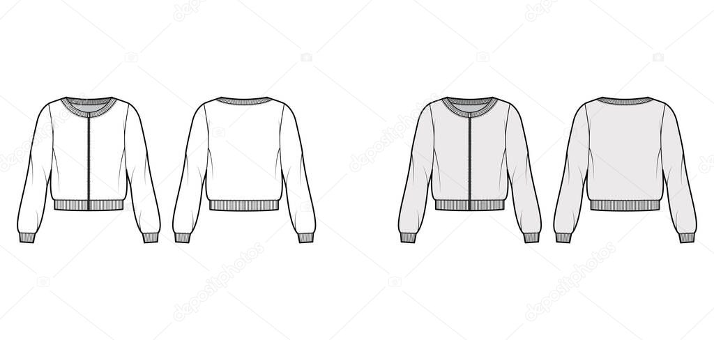 Zip-up cotton-terry sweatshirt technical fashion illustration with relaxed fit, crew neckline, long sleeves ribbed trims