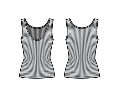 Kaburgalı, açık tanklı, teknik moda çizimi, uygun vücut, derin kepçe boyunlu, uzun kenarlı. Düz üst giysi